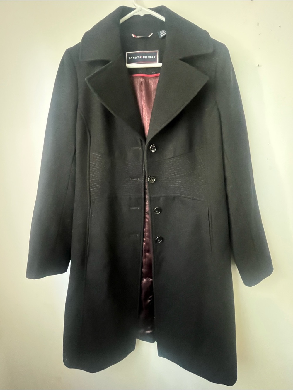 Tommy Hilfiger Black Wool Blend Pea Coat with Maroon Lining